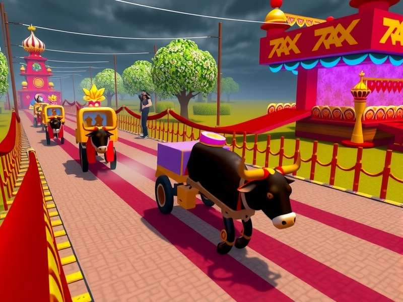 Sankranti Sprint Stars gameplay screenshot showing a bull cart racing on a festival track